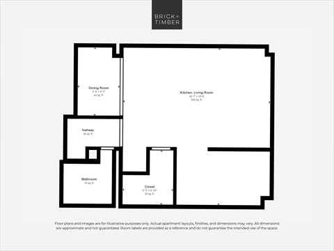 Floor plan for 1 bed, 1 bath, 482 sqft